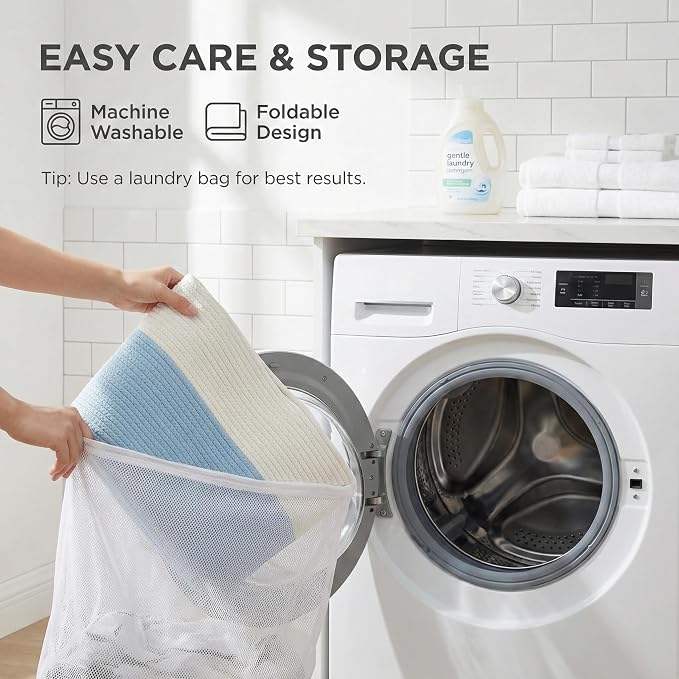 JMvicyroam 115L Extra Large Machine Washable Cotton Rope Blanket Basket | Collapsible laundry hamper, Reinforced handles, For blankets, pillows, toys and clothes, Living room and bedroom, White&Blue