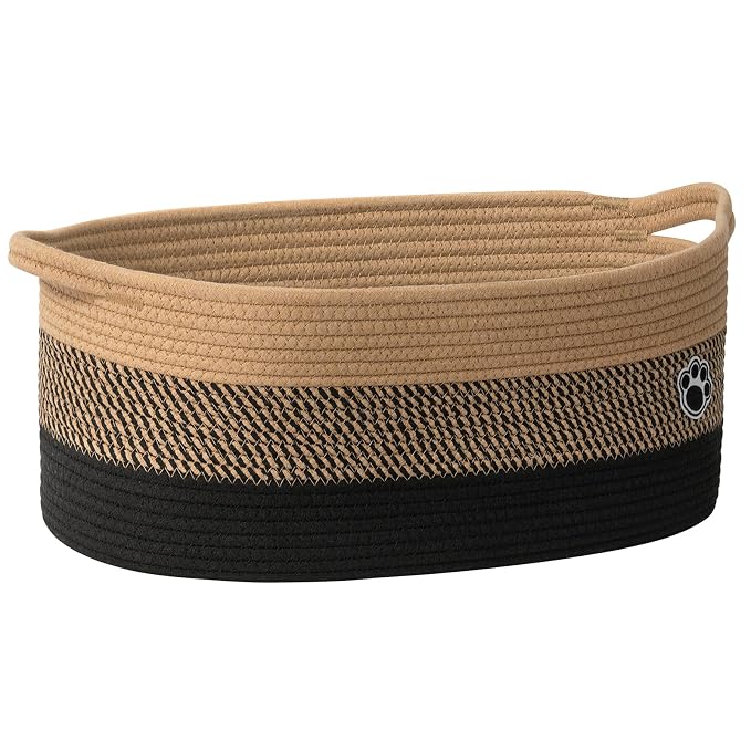 30L Large Woven Rope Dog Toy Basket with Paw Print, Black Brown | 19.7" x 11" x 7.9" Dog Toy Bin & Box with Handles, Storage Basket for Blankets Towels, Fits Living Room Nursery Bedroom