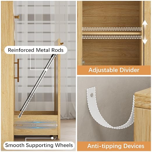 13 Gallons Pull Out Trash Can Cabinet with Storage, Natural Oak | Fluted Kitchen Trash Cabinet with Adjustable Shelf & Drawer, Hidden Wood Pet Proof Trash Can Holder for Laundry, Living Room