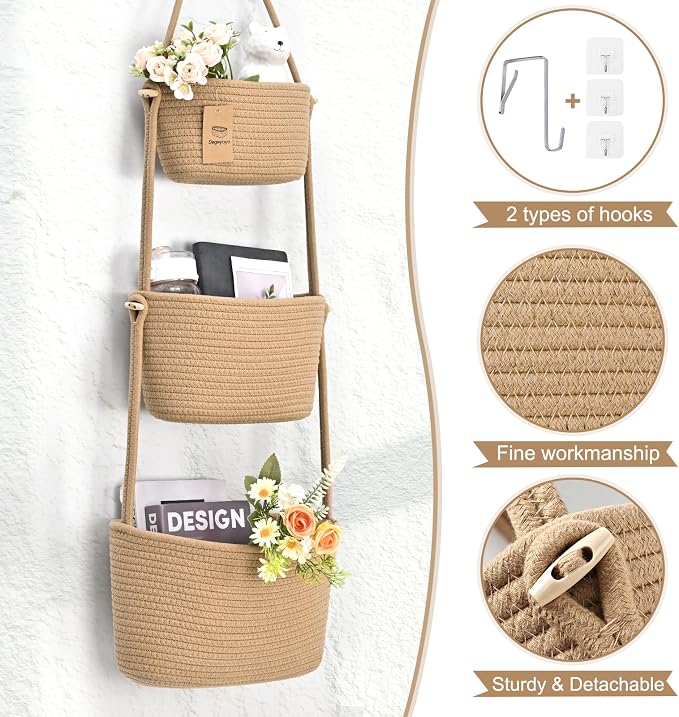Hanging Basket, 3-Tier Woven Wall Basket with 4 Hooks, Cotton Rope Storage Baskets, Over the Door Organizer for Nursery, Bedroom, Cottage and Boho Wall Decor