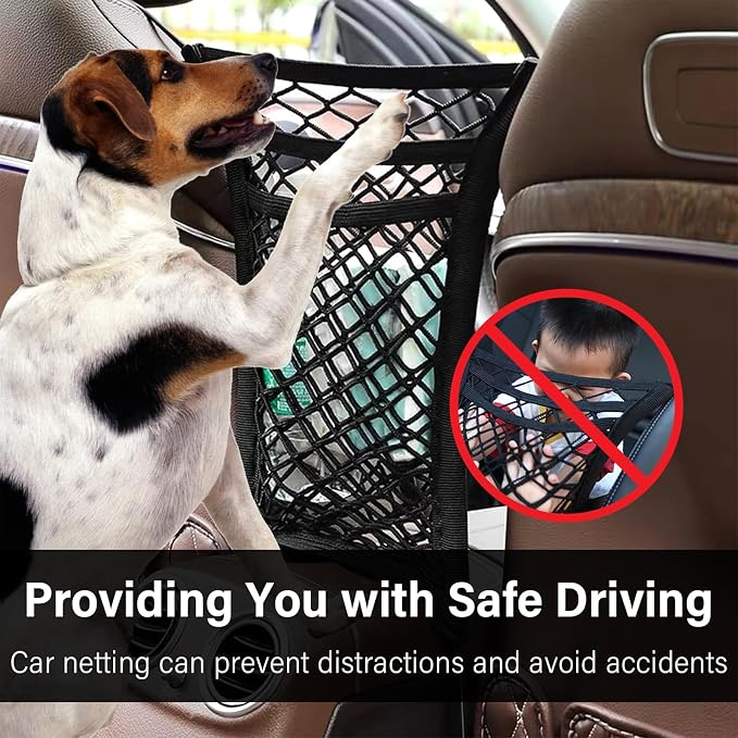 Kewucn 3 Layers Car Mesh Organizer, Four-Side Elasticity Auto Seat Back Net Bag Between Front Seats, Car Net Barrier of Backseat Pet Kids, Tissue Purse Holder, Storage Netting Pouch