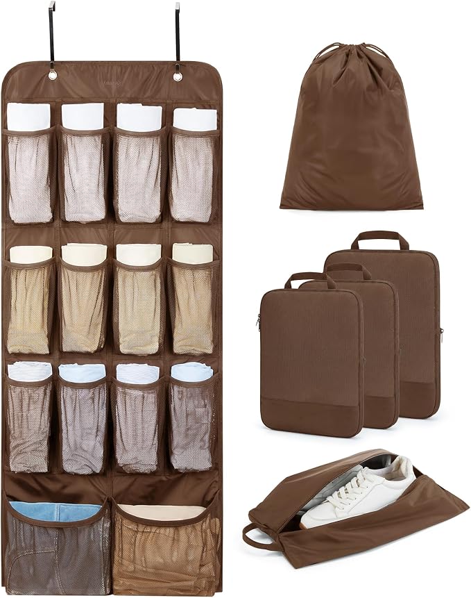 BAGSMART Hanging Compression Packing Cubes 6 Set Cruise Travel Essentials | 3-Fold Space Saving Hanging Shelves, Closet Organizers & Storage, Compressible Suitcase Organizer Bags, Machine Washable Cube