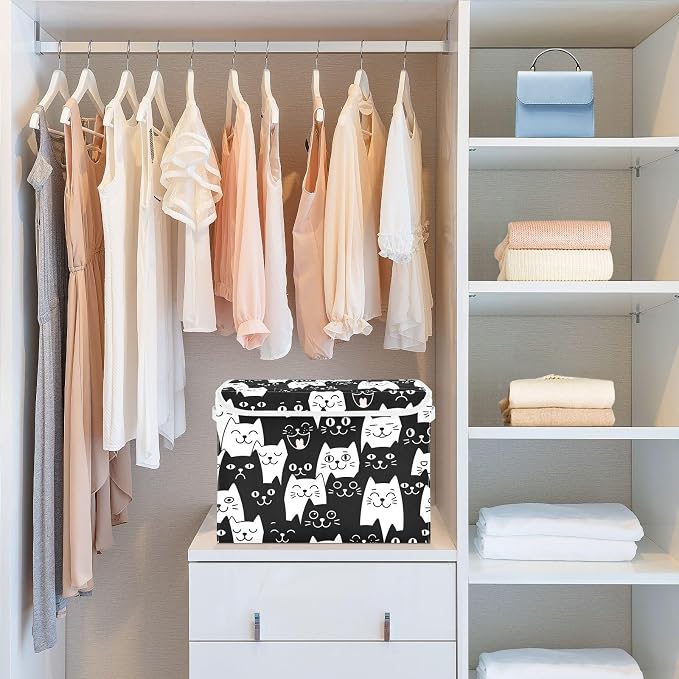 Cat Smile Fabric Storage Bins with Lid Foldable Storage Boxes 40L Baskets | Decorative Storage Boxes, Foldable & Stackable, Dust-Proof Flip Top, Reinforced Handles, For Home & Dorm, Clothes & Toy Box