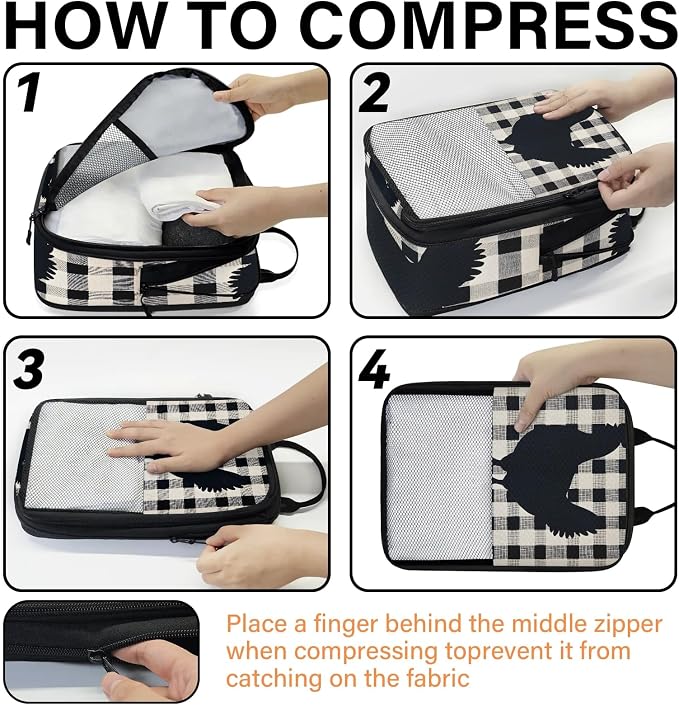 Chicken Hen 6 Set Compression Packing Cubes Buffalo Check Plaid Expandable Packing Organizer for Travel Accessories Luggage Suitcase Bag