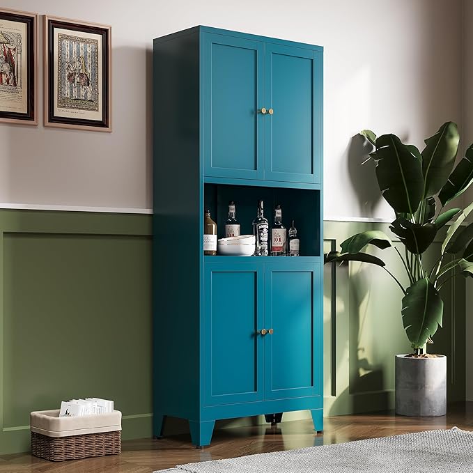 69"H Blue Storage Cabinets,Metal Cabinet with Doors and Shelves,Tall ,Bathroom Storage Cabinet,Large Cabinets with Glass Doors and Adjustable Shelves,Cabinet for Bathroom, Living Room, Dining Room
