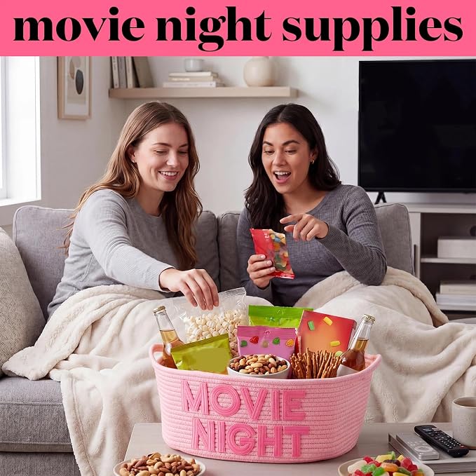 Movie Night Gift Basket with Handles, Cotton Rope Storage Snack Tray | 17"x13"x7" Woven Storage Popcorn Container Large Snack Basket for Movie Night Family Room Home Theater Birthday Party Decor
