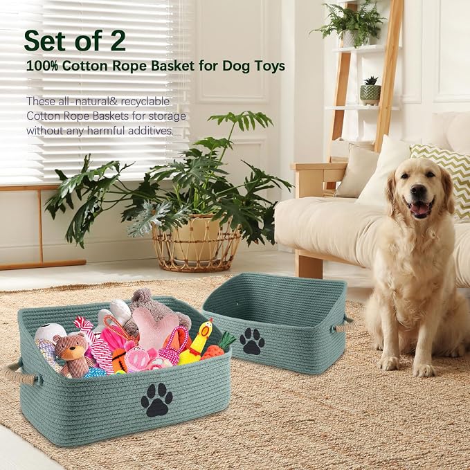 2 pack Woven Dog Toys Basket, 100% Cotton Rope Dog Toy Box for Living Room Area, Trapezoid Pet Toys Bin with Sturdy Handle, Puppy Bed, Green Baskets for Pet Toys/Collar/Leash/Blanket