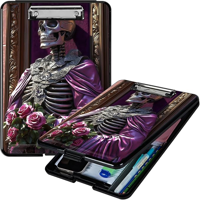 Heavy Duty Storage Clipboard, Slim Nursing Clipboard with Internal Pen Case, Portable File Organizer Case for A4 Letter Size Paper Office Medical Professionals, Purple Clothes Skull