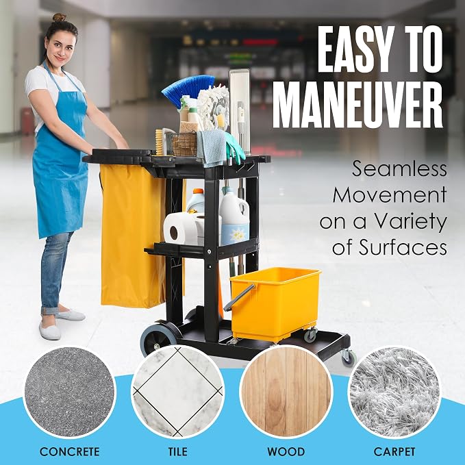 Cleaning Cart, Janitorial Cart, Cleaning Caddy with Wheels, Janitor, 440 Lb | Houseables for Housekeeping, Custodian, House Keeping, Maintenance, Rolling Supply Organizer, Custodial, Maid, Commercial