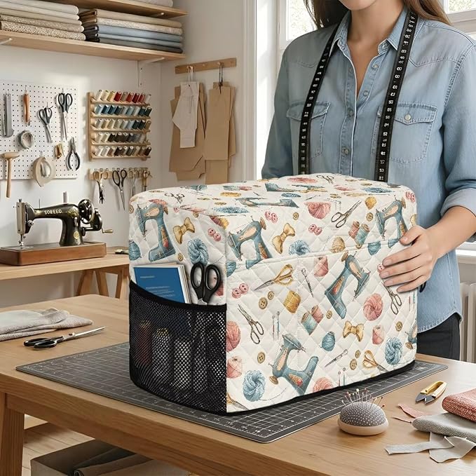 Sewing Machine Cover Polyester Febric Sewing Tool Motif Print | Dust Pet Hair Protection,Quilting Design,Fits Standard Singer,Brother Janome Machines,Protecting Decorating Your Sewing Space