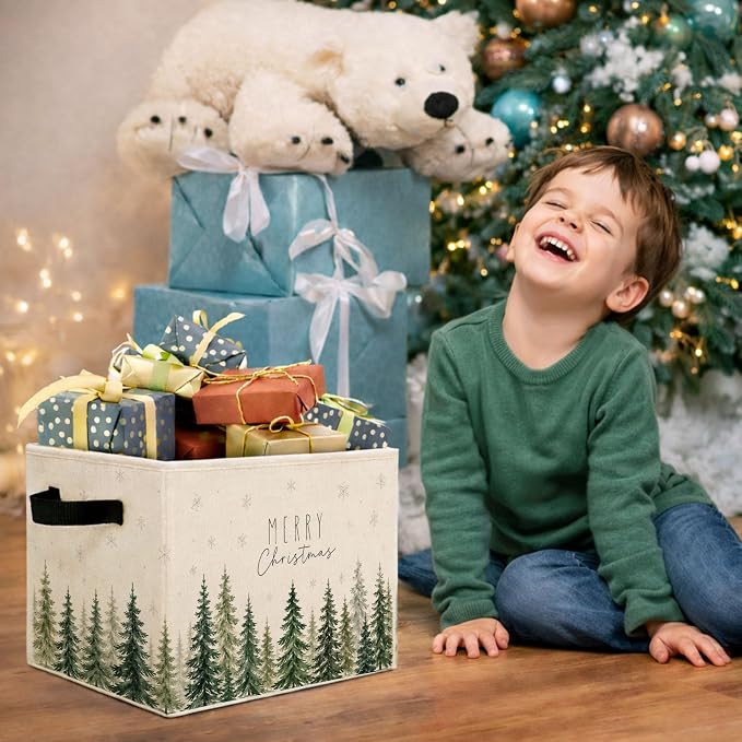 Merry Christmas Forest Storage Bin, Fabric Organizer | Merry Christmas forest storage bin with pine trees and snowflakes for toys, books, clothes, blankets, shelves, and closets.