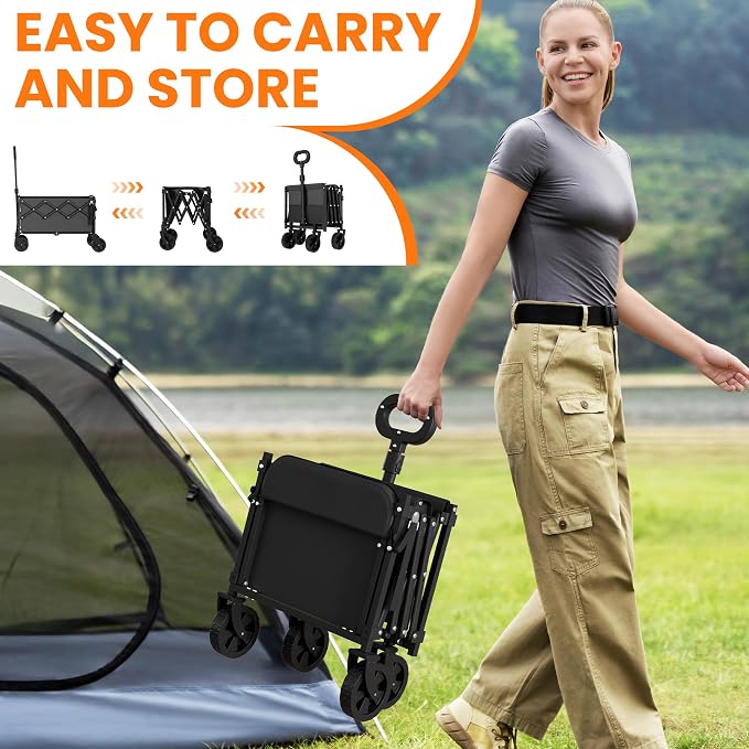 Foldable Wagon Cart 360 Lbs with Extension Part, Lightweight Portable Beach Wagon with Wheels, Large Capacity Pet Cart for Garden, Beach, Camping, Shopping (Black)