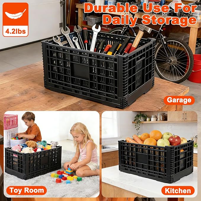 72L Collapsible Milk Crate with Handles, | Large Plastic Crate, Heavy Duty Folding Storage Crates for Home Organizing, Tools, Books, Camping & Transport