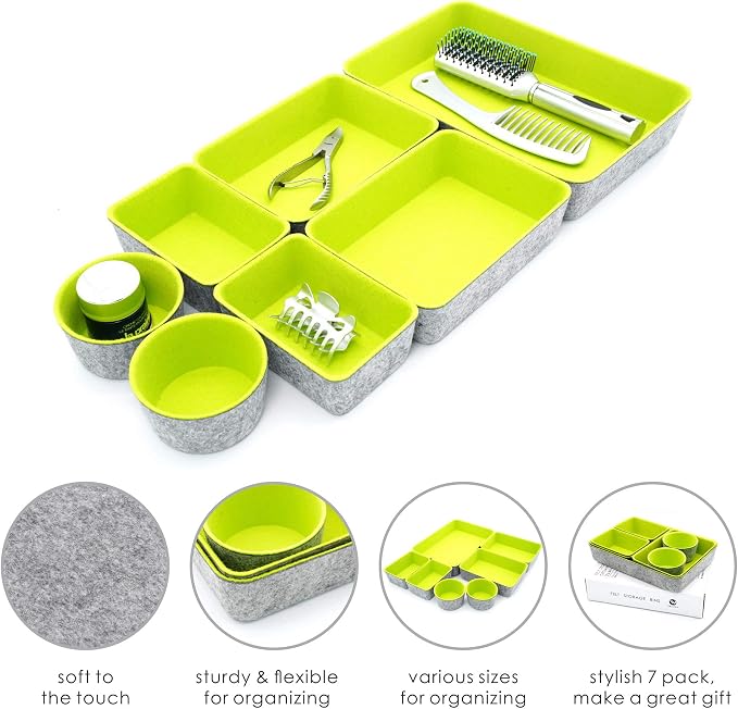 Welaxy Felt Drawer Organizer Bin 7 pc Green Desk Nightstand Catchall Tray