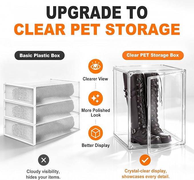 XXX-Large Extra Large Boot & Shoe Acrylic Display Case 17.3'', 1 Pack | Transparent Sneaker Organizer, Clear Plastic Stackable Boot & Shoe Boxes, Large Showcase for Helmet, Handbag, Collectibles