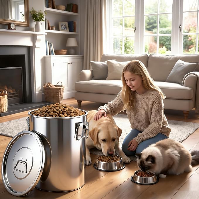 304 Stainless Steel Dog Food Storage Container, 35LB/40LB Airtight Pet Food Container with Locking Lid & Silicone Seal, Large Metal Food Storage Bin for Dry Dog/Cat Food, Rice, Flour (35 LBS)