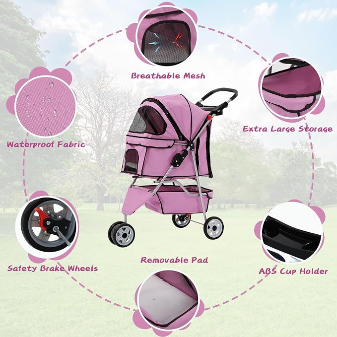 Dog Stroller With Storage Basket,3 Wheels Pet Stroller,Breathable Compact Portable Folding Carrier For Travel,Camping,Dog Carrier For Small Medium Dogs Or Cats,Lightweight Waterproof Pet Stroller,PINK