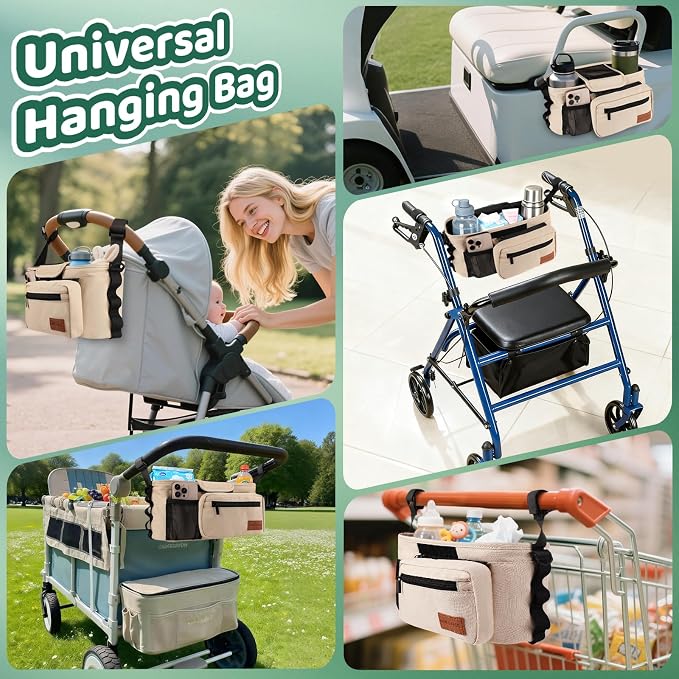 Universal Stroller Organizer with Cup Holder: Non Slip Strap Stroller Caddy | Stroller Bag with Detachable Phone Bag, Fits for Uppababy, Baby Jogger Stroller Accessories, Christmas New Moms Baby Gifts