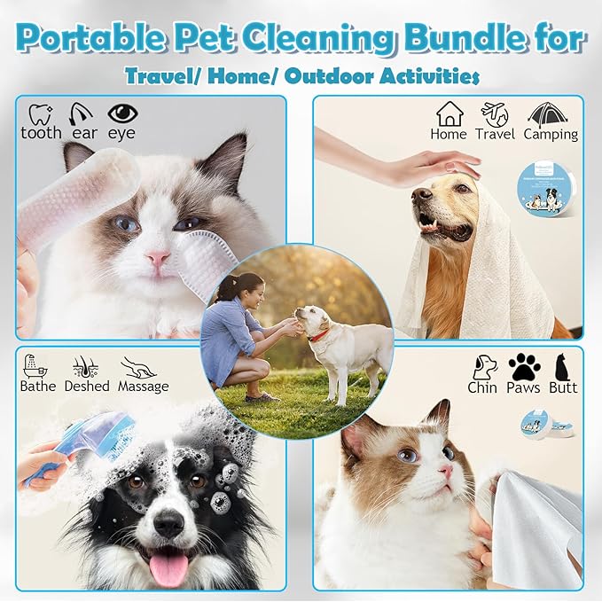 Dog Bath Brush with Shampoo Dispenser - 4-in-1 Pet Bath Brush & Grooming Kit, Dog Shampoo Brush, Includes Silicone Scrubber Pet Shower Brush, Compressed Towel, Wipes & Tablets for Cat Shower