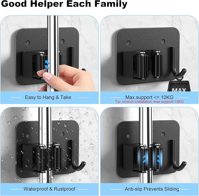 2 Pack Broom Holder Wall Mount, 304 Stainless Steel Mop Organizer with Hook | No Drill Adhesive and Screw Installation, Rust Proof Storage Rack for Garage, Laundry, Garden, Black