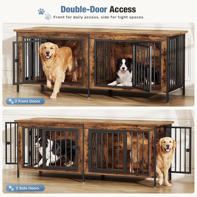 DUMOS 63" Dog Crate Furniture for 2 Dogs with Divider, Rustic Brown | Wooden Dog Kennel Furniture, Medium Breed Center Divider and Double Doors, Heavy Duty Indoor Dog Cage, TV Stand, Side Table