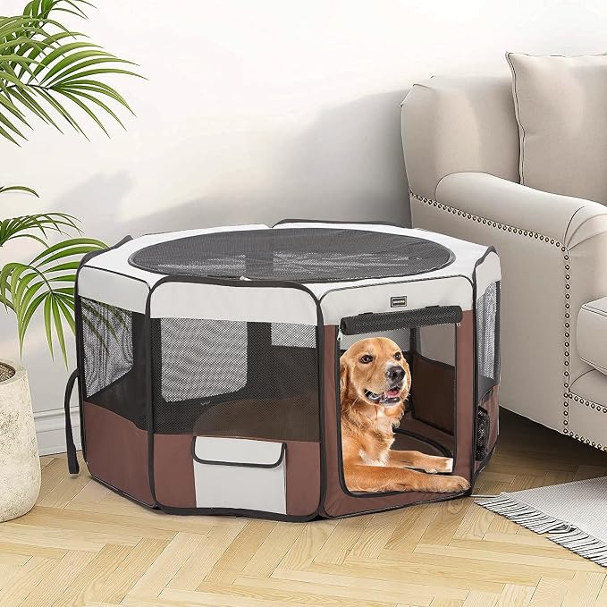 Dog Playpen Portable Pet Play Pens for Small Dog/Cat/Rabbit/Chicks, Cat Playpen Indoor/Outdoor with Carring Case, Removable Zipper Top and Bottom (Brown, Small (28"x28"x14"), 8)