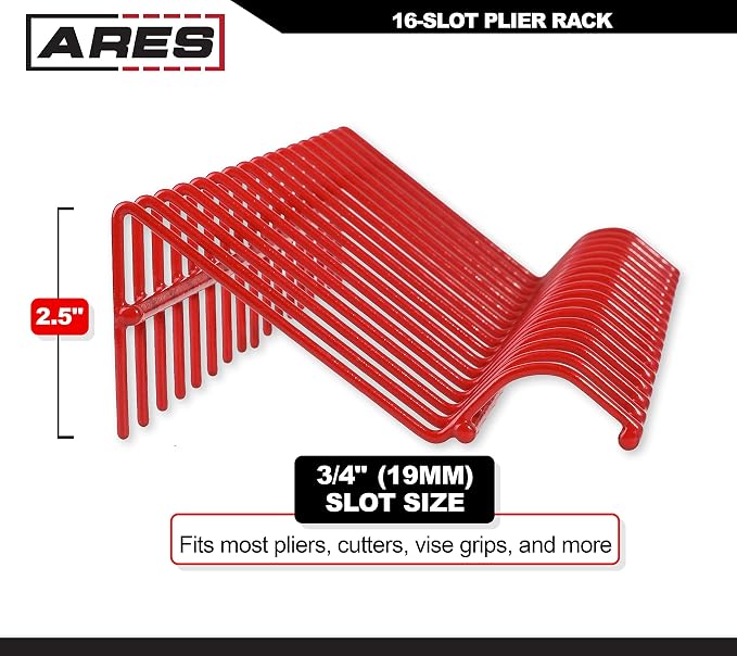 ARES 62003 Red 16-Slot Plier Rack - Tool Drawer Organizer | 3/4-In Slots Fit Most Pliers; PVC Coating Prevents Slippage