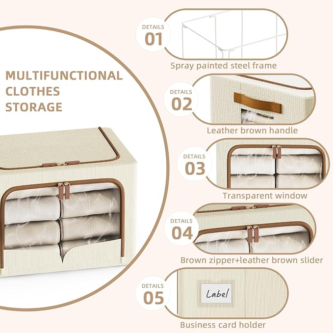 FHSQX 6 Pack Clothes Storage Bins with Metal Frame, Ivory White, 19.7x15.7x13 inch