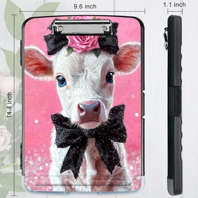 A4 Clipboard with Storage Pen Holder, Clipboards Organizer Nursing Clipboard Foldable File Folder Plastic Clipboard Folio Clip Board for Office Work Classroom Doctor, Pink Flower White Cow