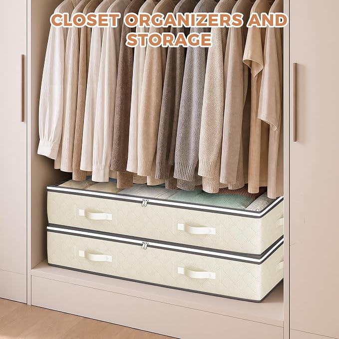 4 Pack Under Bed Storage Containers with Clear Lids, Beige | Underbed Storage Bags for Blankets, Towels, Comforter, Sweaters, Linen Sheets, Wrapping Paper