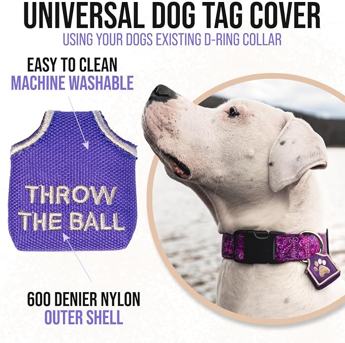Woofhoof Dog Tag Silencer, Throw The Ball - Quiet Noisy Pet Tags - Fits Up to Four Pets IDs - Dog Tag Cover Protects Metal Pet IDs, Made of Durable Nylon, Universal Fit, Machine Washable