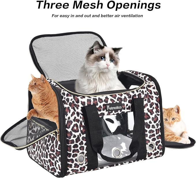 Petmolico Cat Carrier Soft-Sided Airline Approved, Medium, Medium, Leopard | For small/medium cats & puppies up to 16 lbs, 3 open doors, travel-friendly pet bag