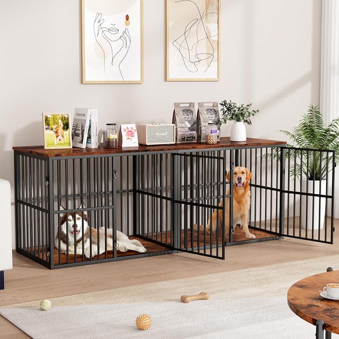 VOWNER 86.7" Double Dog Crate Furniture for 2 Large Dogs, Rustic Brown | Heavy Duty Wooden Dog Kennel with Removable Divider, XXL Dog Cage TV Stand End Table with 4 Doors, Double Locks for Each Door
