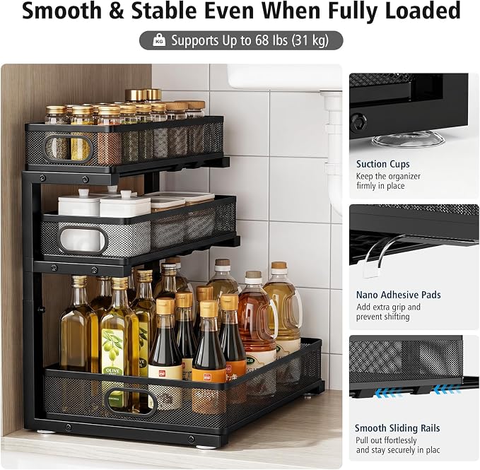 Under Sink Organizer, 3 Tier Pull Out Cabinet Organizer with 5 Adjustable Heights, Metal Under Sink Storage with Sliding Drawers for Kitchen, Bathroom, Pantry and Laundry Room, 2-Pack Black