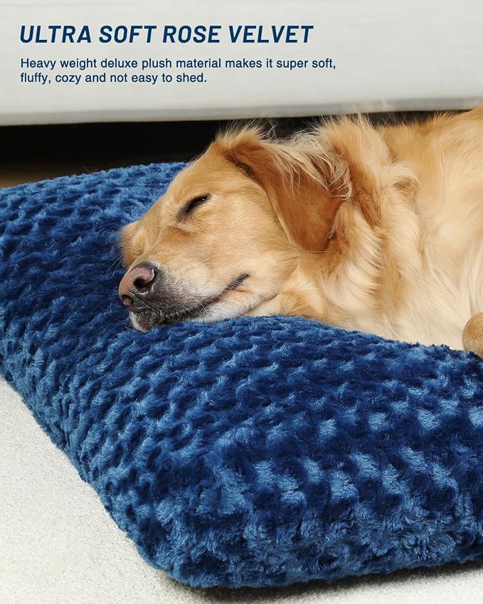 KSIIA Washable Dog Bed Medium Size Dog Crate Bed Plush Pet Mat 35"x23" Blue | Deluxe Plush Comfy Kennel Pad, Anti-Slip Bottom,Deep Sleeping Mat for Medium Dogs,Machine Washable for Easy Cleaning