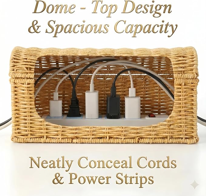 Rattan Cable Management Box, Ventilated Cord Hider with Flip Lid