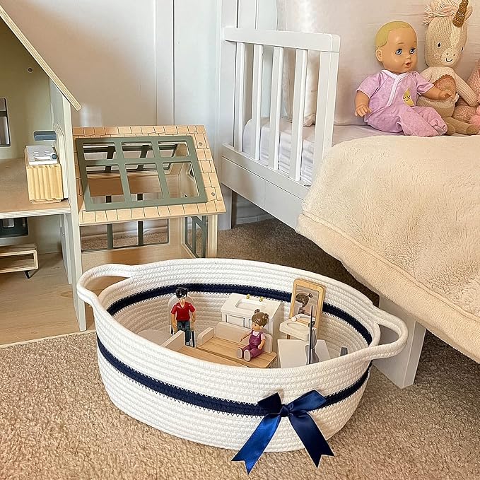 CHICVITA Small Woven Rope Gift Basket, Decorative Shelf Basket, White Blue | 13" x 10" x 5" Storage Baskets for Toys & Baby Essentials, Fits Nursery & Bedroom Organization, Built-In Handles, Bow Design