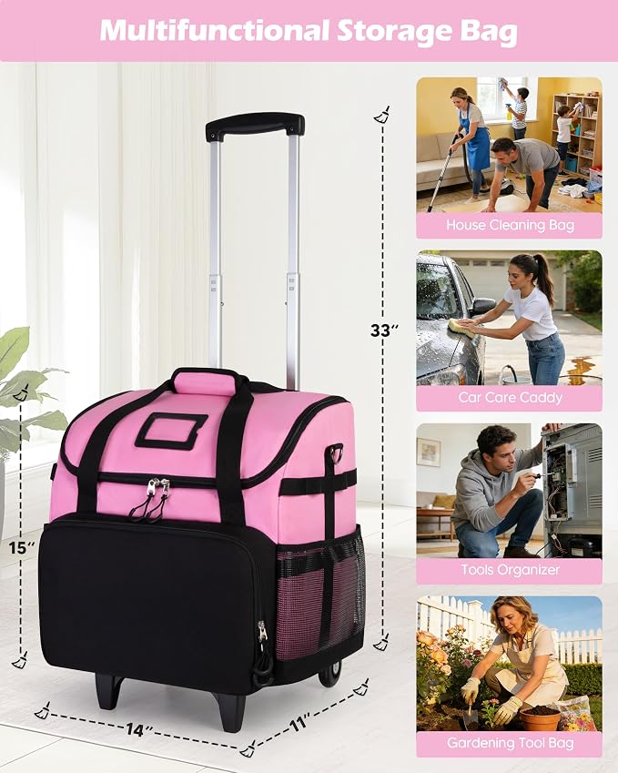 Marscamd Large Rolling Cleaning Caddy Bag with Detachable Trolley, Pink | with Detachable Shoulder Strap, Cleaning Bags for Housekeepers on Wheels