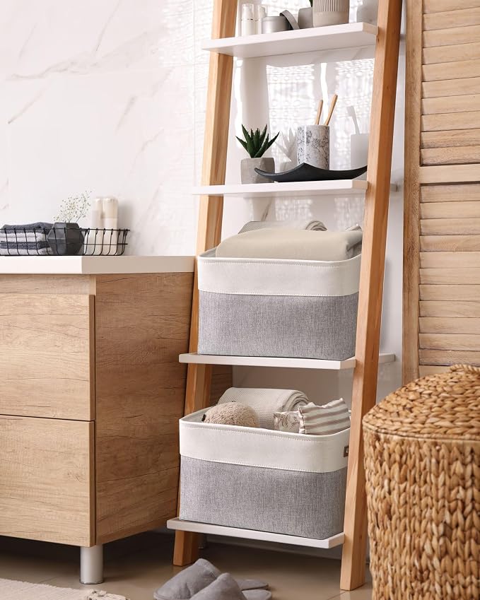 DECOMOMO Storage Bins, Large Fabric Storage Baskets for Shelves 3 Pack | 15 x 11 x 9.5 inches Decorative Linen Closet Organizers (Grey & White)