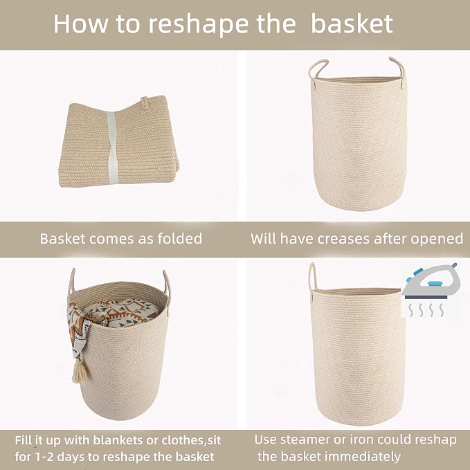 Woven Cotton Rope Laundry Basket Hamper, 16" x 22" Large Oatmeal | Rope storage basket for dirty clothes, toys and blankets. Perfect for bathroom, baby nursery and living room storage.