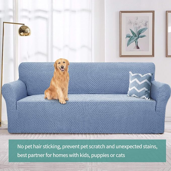 YEMYHOM Couch Cover Latest Jacquard Design High Stretch Sofa Covers for 2 Cushion Couch, Pet Dog Cat Proof Loveseat Slipcover Non Slip Magic Elastic Furniture Protector (Medium, Light Blue)