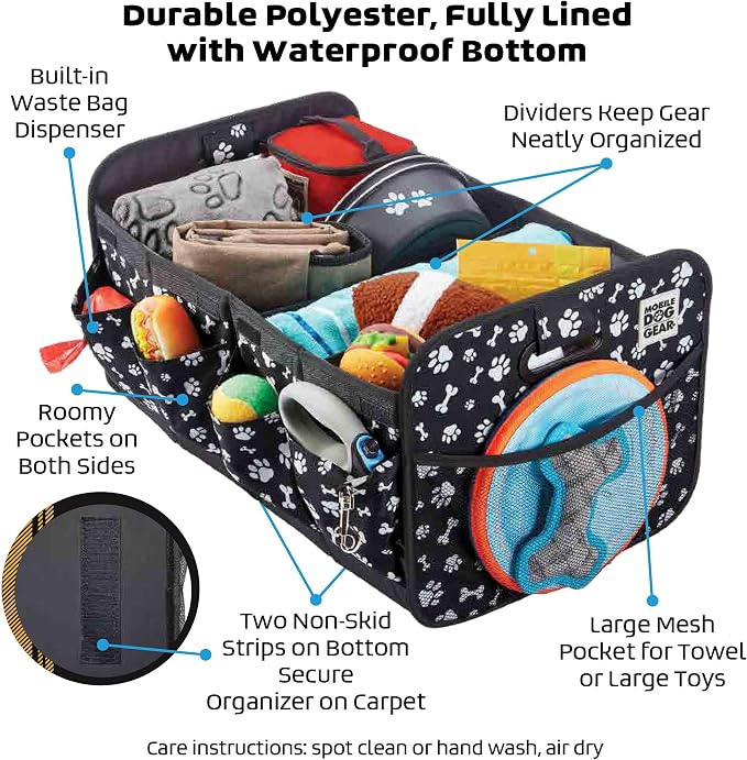 Mobile Dog Gear, Dogssentials Collapsible Storage Organizer for Travel with Built-in Waste Bag Dispenser, Includes 1 Roll of Waste Bags, Black/White Paw Bone Print, Meets Airline Regulations