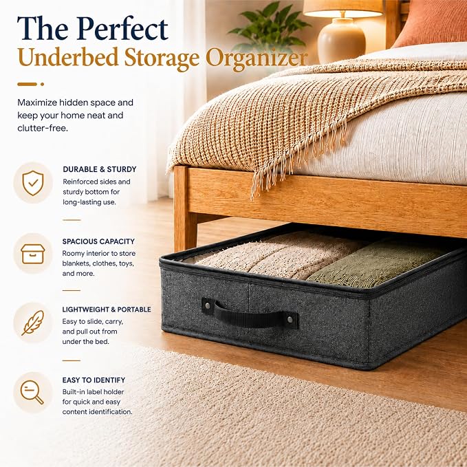 HOMELUX THEORY Under Bed Storage, Large 2pc with Lid, Dark Gray | Drawer-style pull-out design, Fits blankets, clothes, fabric & shoes, Bins with lids, Bedroom & closet storage