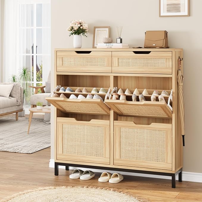 Jocoevol Rattan Shoe Cabinet for Entryway with 4 Flip Drawers and 2 Drawers, Narrow Freestanding Shoe Storage Cabinet with Metal Legs for Entryway/Hallway/Foyer