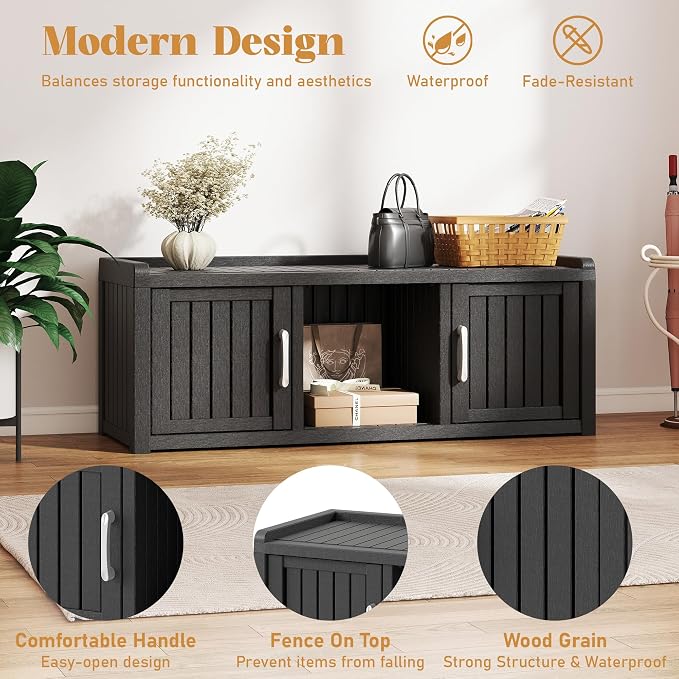 NUNU LAB Shoe Storage Cabinet, Waterproof Shoe Organizer with Adjustable Shelves, UV-Resistant Entryway Shoe Cabinet Bench with 2 Barn Doors for Indoor Outdoor, Foyer, Hallway, Living Room,Black