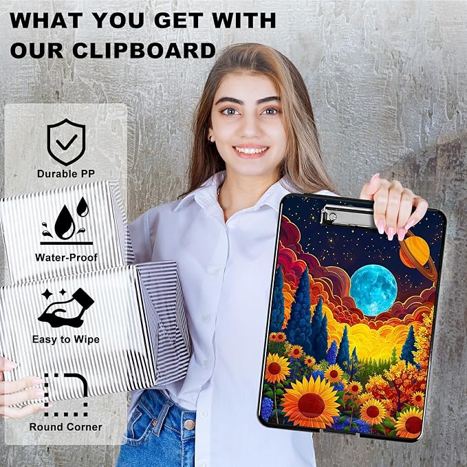 Sunflower Clouds Moon A4 Clipboard with Storage Pen Holder, Clipboards Organizer Nursing Clipboard Foldable File Folder Plastic Clipboard Folio Clip Board for Office Students Classroom