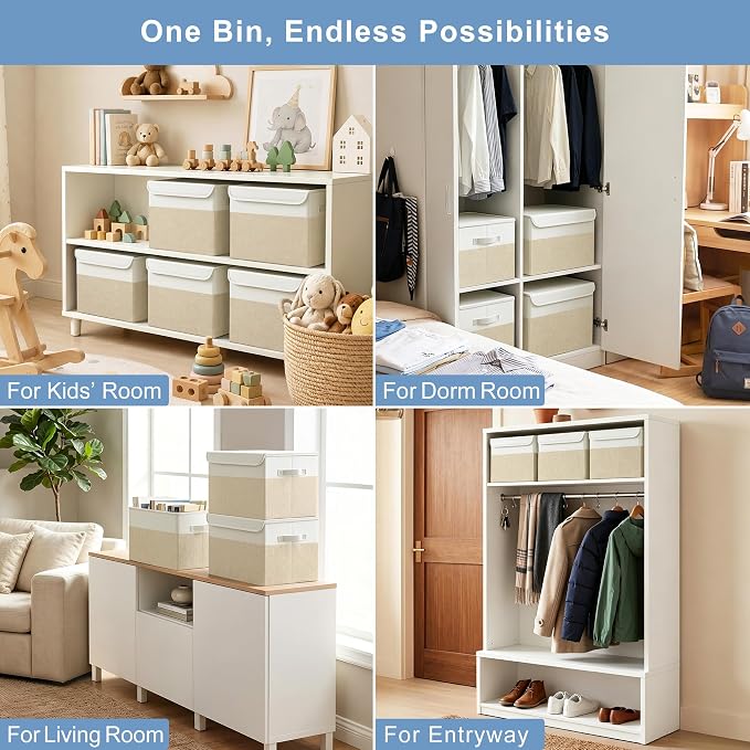 Large 17" 42 Quarts Collapsible Stackable Storage Bins with Lids [3-Pack] Foldable Fabric Linen Storage Boxes Cube, Closet Organizer Baskets with Label (16.7 x 12 x 12, Beige & White)
