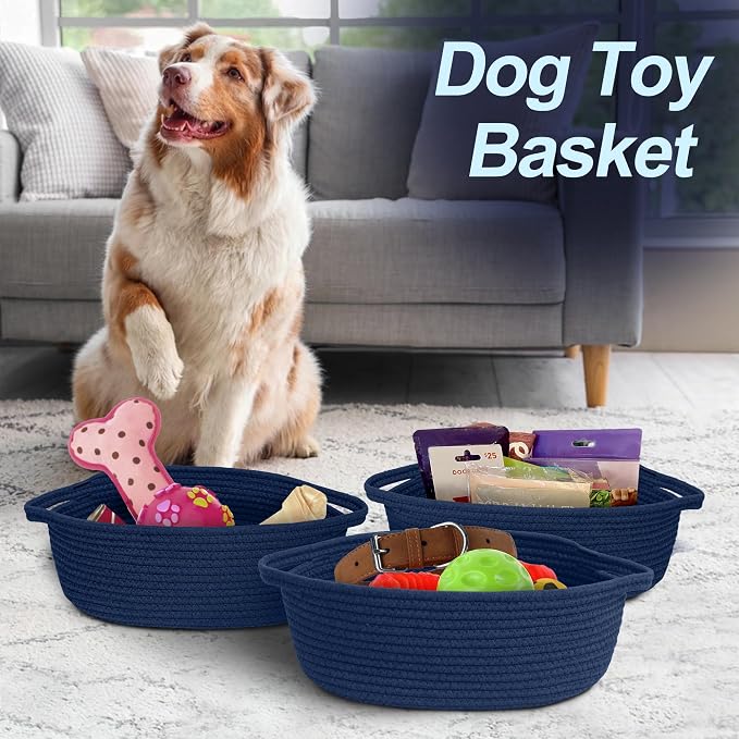 Dark Blue Small Woven Basket, 13” x 9” x 5” Baskets for Gifts Empty, Cotton Rope Gift Basket, Cute Nursery Baby Organizer, Cat Dog Toy Box, Oval Wicker Storage Bin with Handle