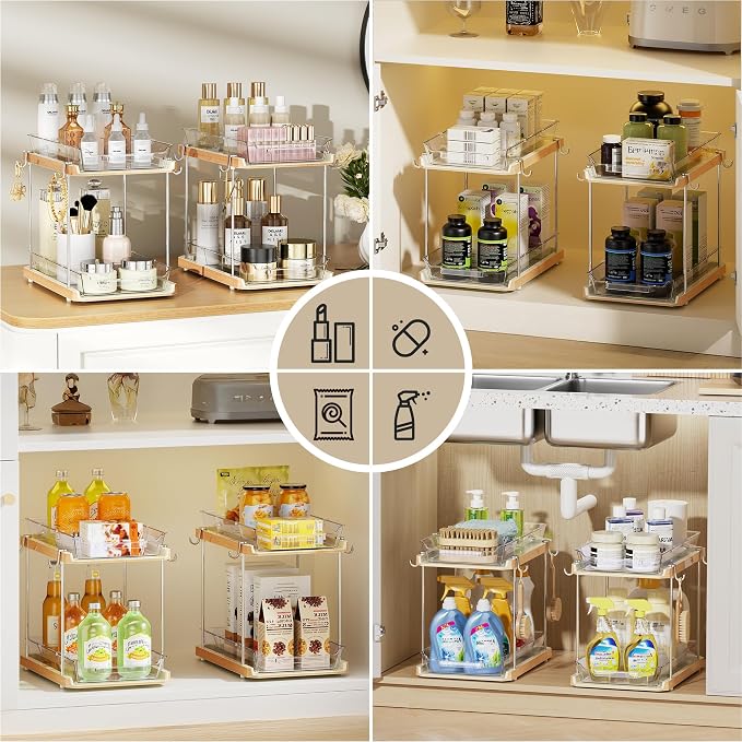 Delamu 2 Tier Under Sink Organizer Bathroom, Bathroom Cabinet Organizer with Snap-Lock Design and Hooks, Pull Out Storage with Movable Dividers, for Countertop, Kitchen and Pantry (White, 4 Pack)