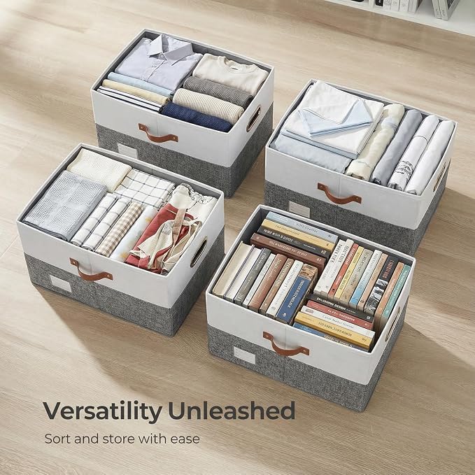 Storage Bins with Lids [3-Pack] Linen Fabric Foldable Storage Boxes Organizer Containers Baskets Cube with Cover for Bedroom Closet Office Grey&White (23.4X15.9X11.4)
